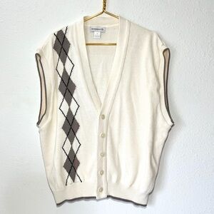 Vtg Musingwear Men’s Argyle Seater Vest Button Front Size XL Cream 100% Cotton